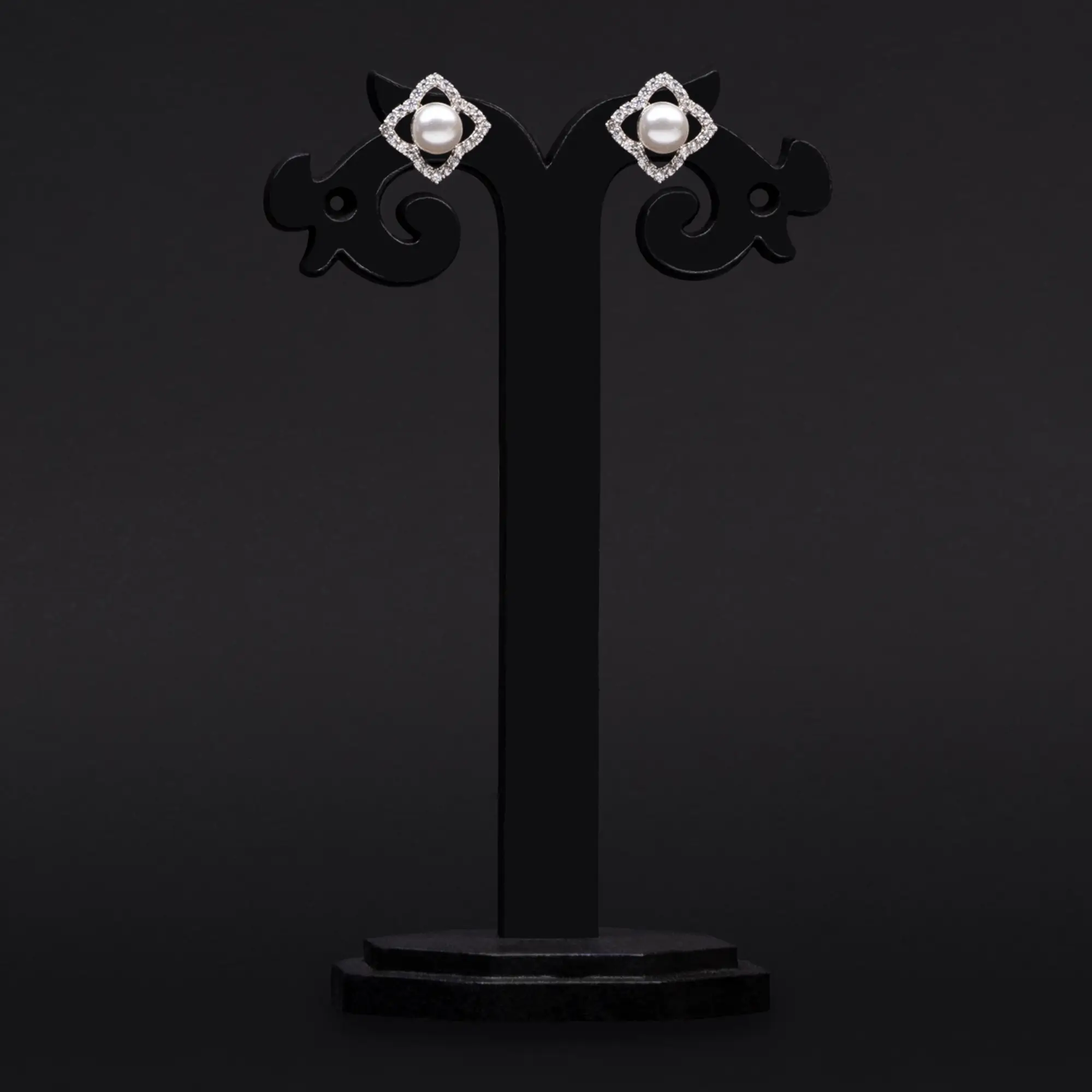 Rhodium-Plated American Diamond and Pearl Earrings