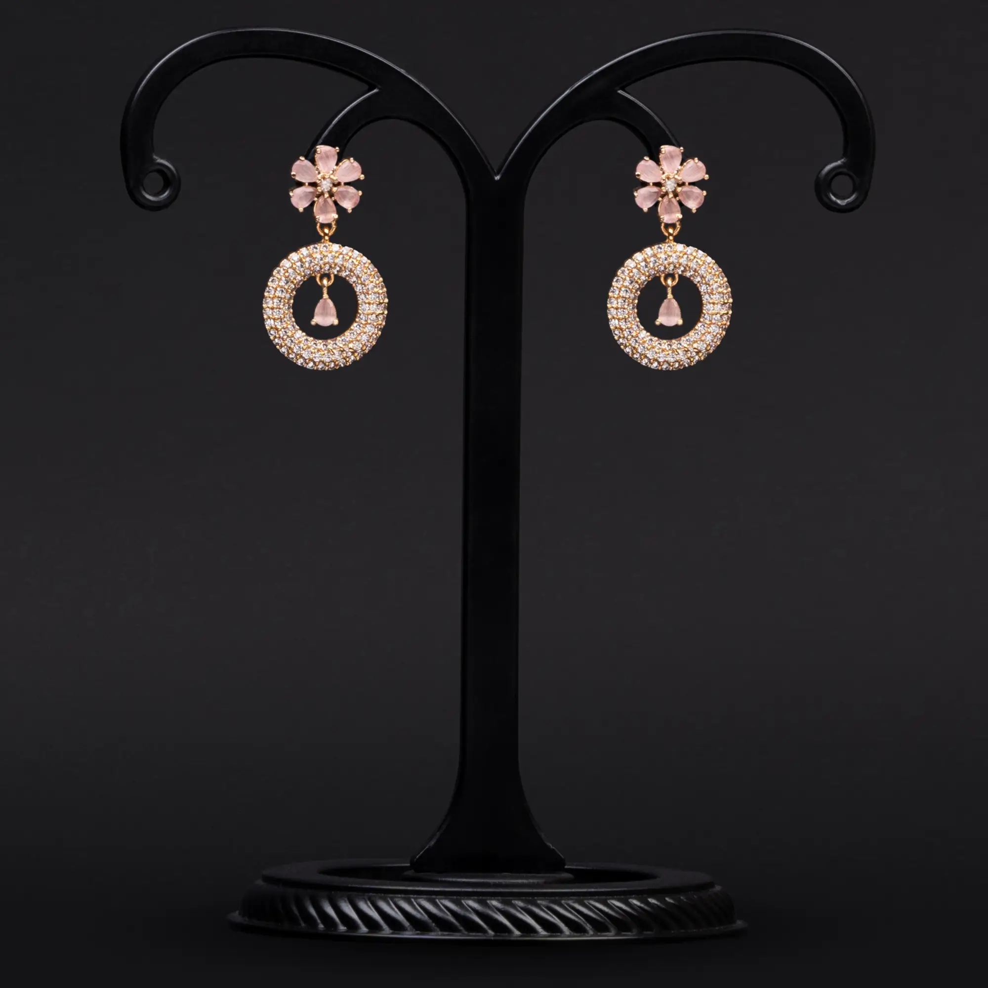 Blush Pink Floral Motif with American Diamond Studded Rose Gold-Plated Earrings