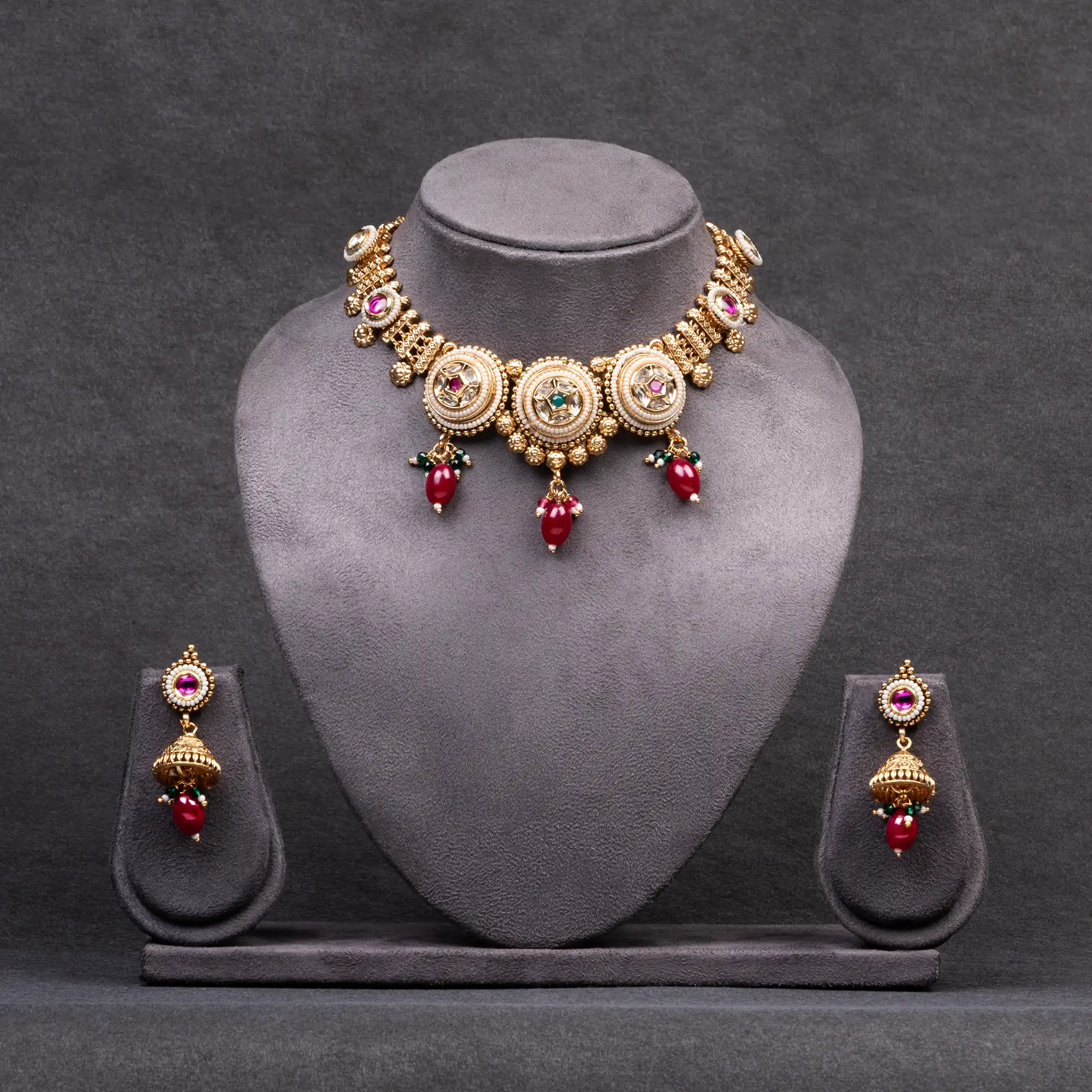 Gold-Plated Set with Kundan, Pearls, Green and Pink Stones with Necklace and Jhumkas