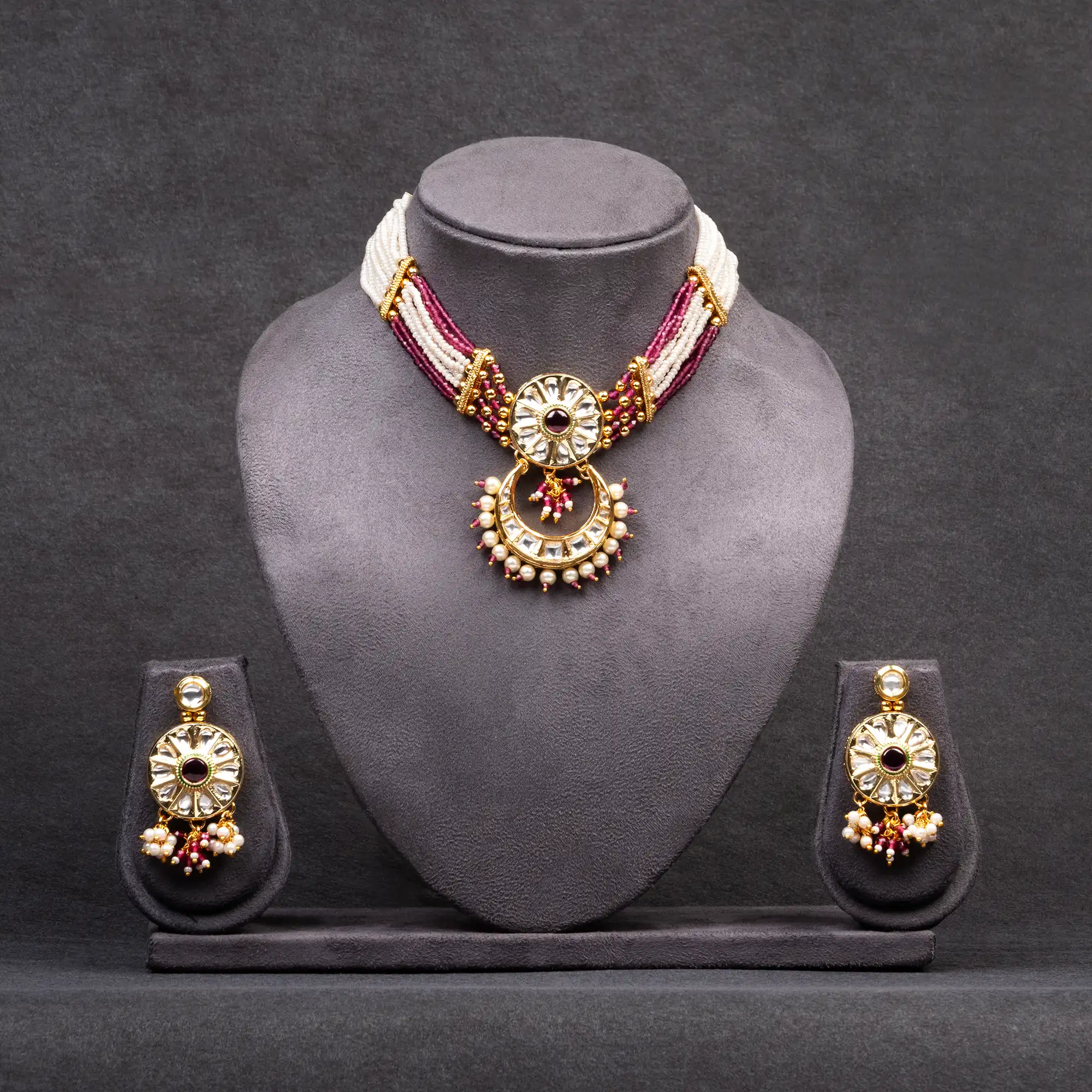 Gold-Plated Choker Set of Kundan and Pearls with a hint of Pink and White Beads Choker and Earrings